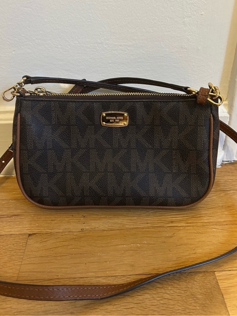 Michael Kors Dark Brown MK Logo Crossbody with Gold Hardware